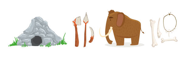 Stone Age Ancient Tool and Mammoth Animal Vector Set Stone Age Ancient Tool and Mammoth Animal Vector Set. Prehistoric Era with Primitive Object old stone age tools stock illustrations
