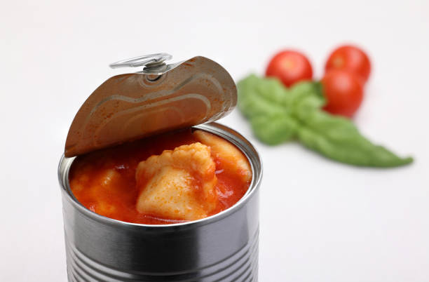 Ravioli with meat and tomato sauce opened from a can