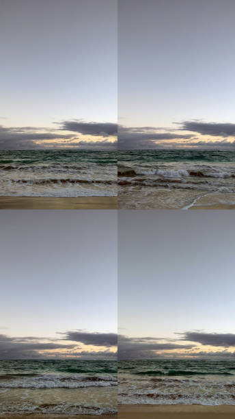 Frame grab quadtych of couds, sea, ocean, sand, water.