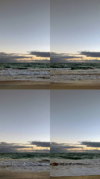 Frame grab quadtych of couds, sea, ocean, sand, water.