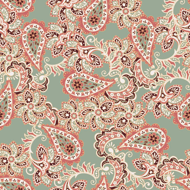 istock Floral seamless pattern with paisley ornament. Vector illustration in asian textile style 2202089332