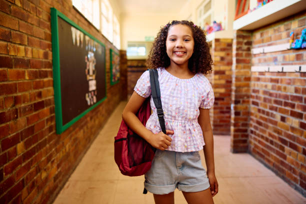 istock School girl in corridor wearing gingham blouse carrying backpack, smiling at camera 2202091719