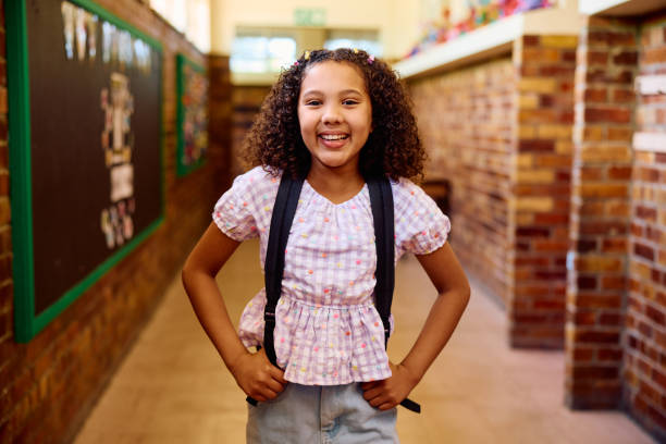 istock School girl in corridor carrying backpack and smiling at camera with hands on hips 2202091778