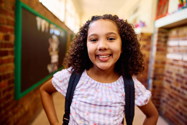 istock School girl carrying backpack in corridor, smiling towards camera 2202091859