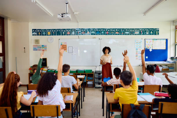istock Elementary school teacher at front of class asking question, children with hands raised 2202092063