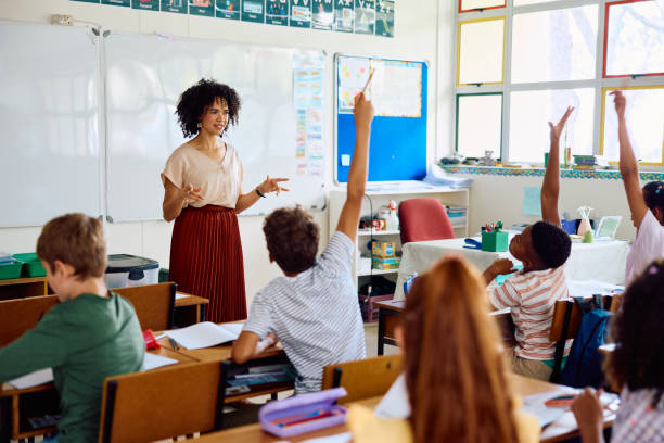 istock Elementary school teacher asking question, enthusiastic children with hands up 2202092167
