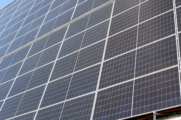 Blue solar panel as background. Solar Panel in selective focus Pattern. Perspective and blur is used. Alternative clean green sustainable energy background