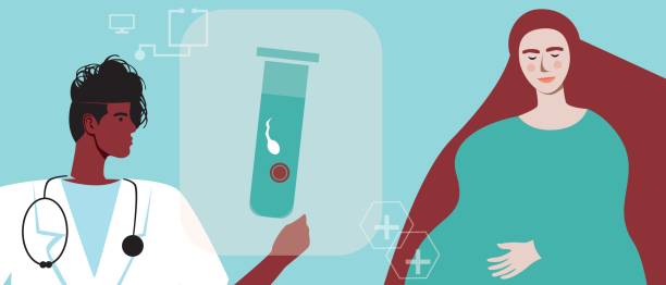 istock Pregnant woman as a concept of planning a family using in vitro fertilization, flat vector stock illustration, online technological consultation with a doctor for IVF 2202093400