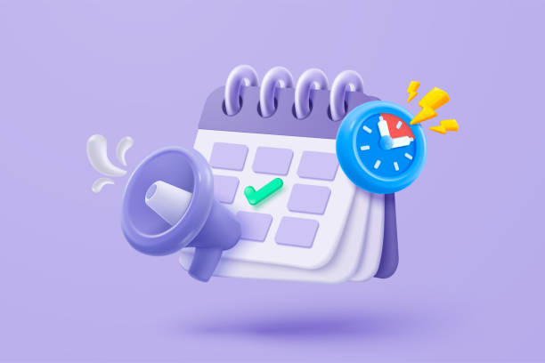 istock 3d calendar icon signs with notice for important reminder. Calendar with megaphone or emergency notifications speaker loud concept. 3d schedule alarm warning icon vector render illustration 2202093528