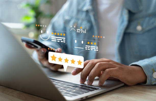 istock Online customer satisfaction Survey service concept, client rate service from experience in application,Consumer give five-Stars and feedback review for quality, Business reputation ranking from buyer 2202094639
