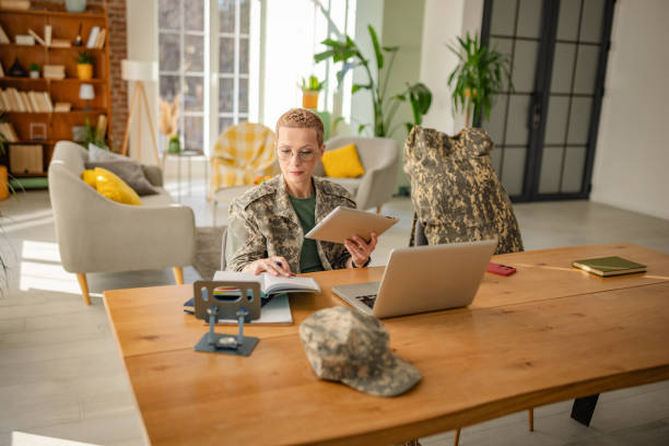 istock Young woman in military uniform working at home with technology 2202096160