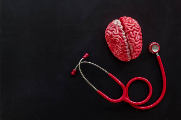 istock Human brain model with red stethoscope, top view. Mental health concept. 2202098385