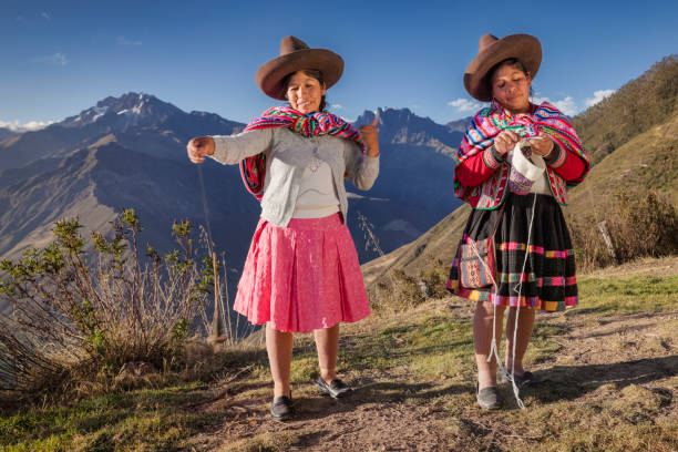 istock Peruvian women spinning wool by hand in Sacred Valley, Peru 2202101752