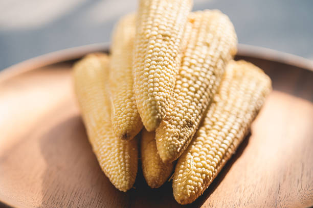 Baby corn on a wooden plate macrophotography