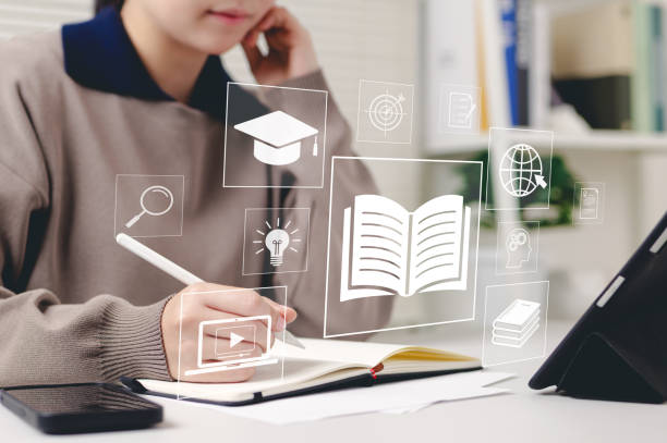 istock Online education and e-learning concept. Woman use tablet with icons representing online education, learning, knowledge sharing, educational tools, training, webinar on internet, digital courses, 2202106056