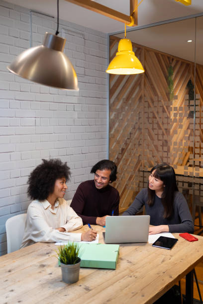 istock Three diverse coworkers are collaborating on a project in a modern office space, utilizing a laptop and taking notes 2202106891