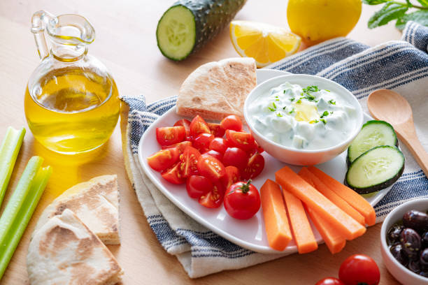 Healthy eating: homemade tzatziki sauce served with fresh vegetables