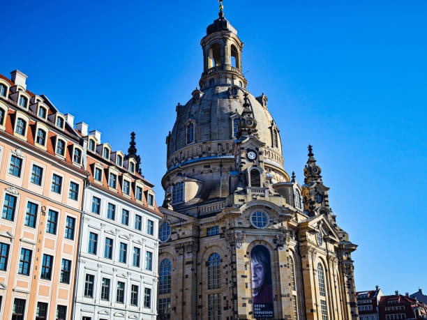 famous frauenkirche with blue sky and streetlamp