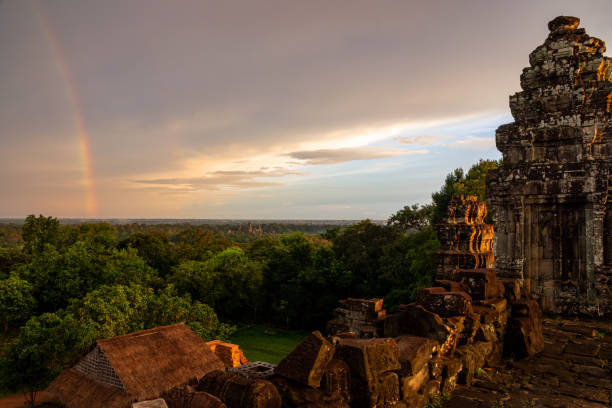 Siem Reap, Cambodia - 24 November 2023: Sunset of Angkor Wat seen from Phnom Bakheng