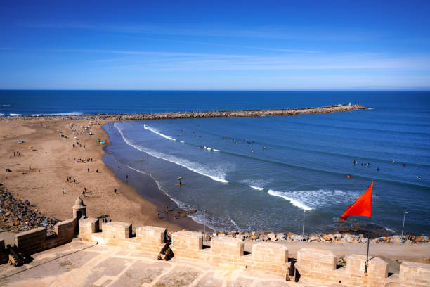 A panoramic view of a sandy beach and ocean waves, featuring a fortress wall and bright sky.