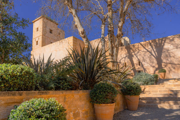 View of a historical building surrounded by lush greenery and vibrant plants in Rabat, Morocco under a bright and clear sky. The architectural style showcases the region's cultural heritage and beauty.