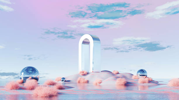 istock 3D render, Abstract metallic structure on landscape with surreal pink and blue hues background 2202115555