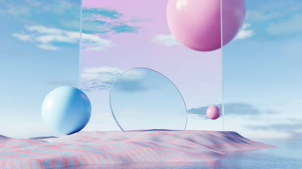 istock 3D render, Surreal abstract landscape with pink and blue spheres and mirrored arch 2202115562