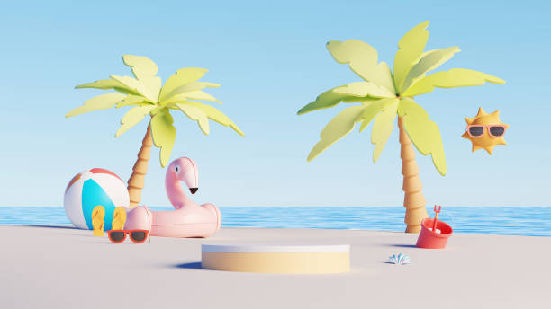 istock 3D render, Empty podium in playful beach scene with inflatable flamingo, palm trees, and summer accessories 2202115578