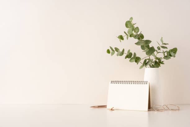 istock Minimalist composition featuring a clean desk with a decorative plant, notebook, and glasses. Perfect for workspace, productivity, and organization concepts in a modern and serene setting 2202118156
