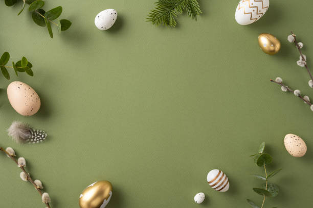 istock Easter eggs placed on an olive-colored backdrop with plants and feathers for decoration 2202118158