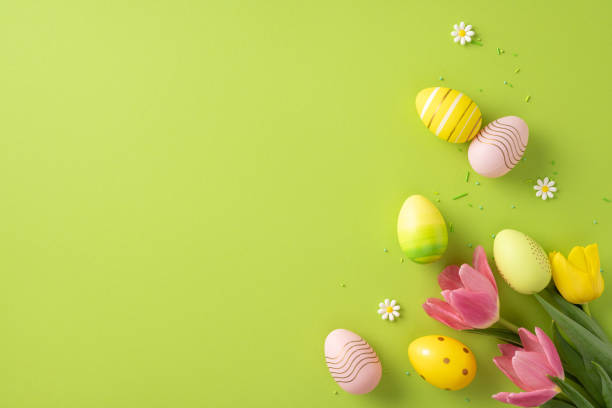 istock Decorated Easter eggs and spring flowers arranged on a green surface conveying holiday spirit 2202118191