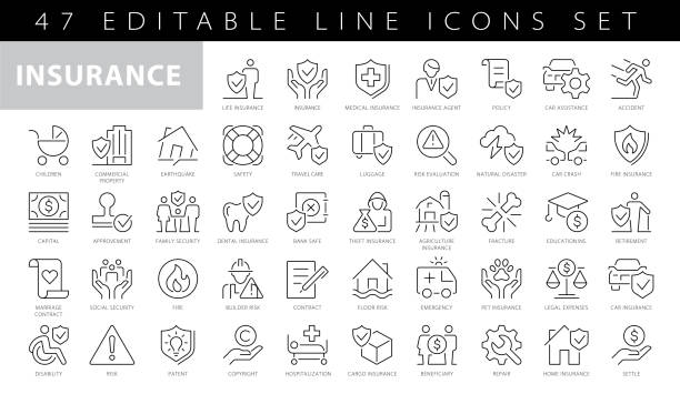 versicherungs-icon thin line set support services - versicherung stock-grafiken, -clipart, -cartoons und -symbole