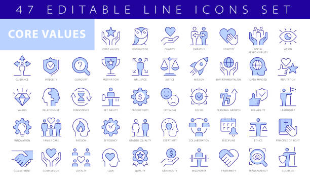 stockillustraties, clipart, cartoons en iconen met core values editable stroke line icons - ethisch dilemma