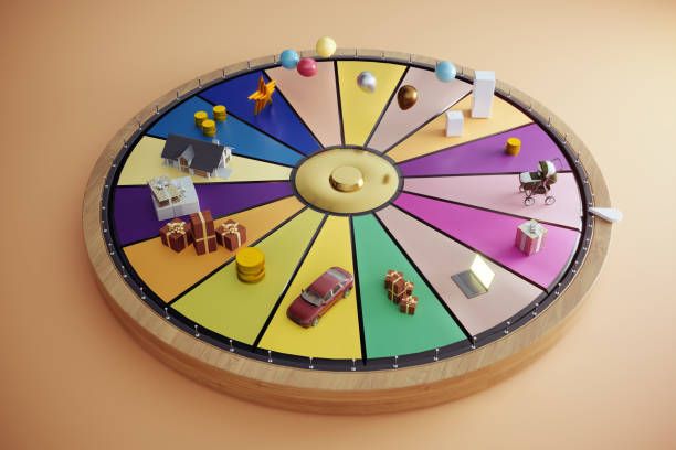 Wheel of fortune with rewards such as stroller, house, car, coins, gift boxes and balloons. (3d render)
