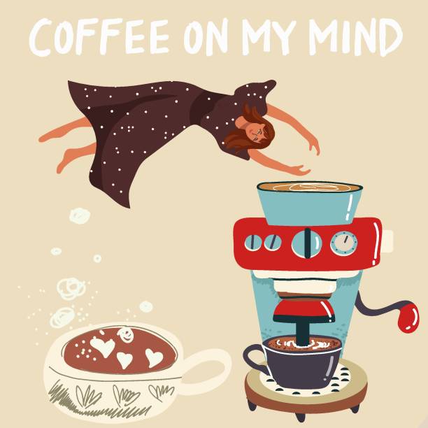 People enjoying coffee, the girl dives into the coffee machine, the coffeemaker, coffee on my mind.Hand drawn Vector illustration.