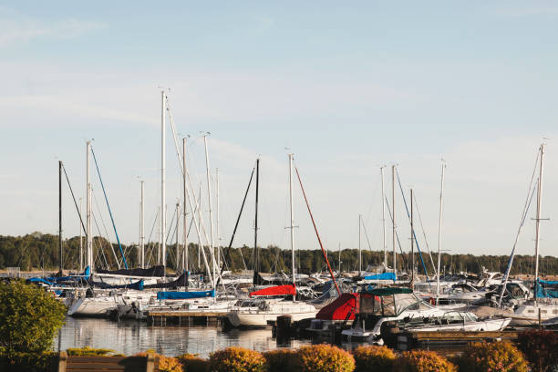 Boats docked at a marina along Lake Huron.