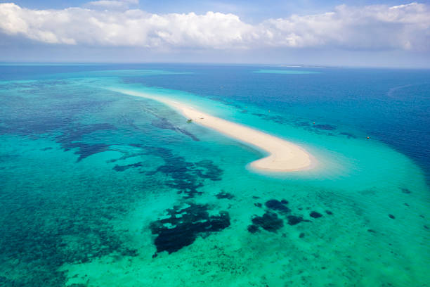 Drone view of a white sand island (sandbank) washed by crystal ocean water at low tide, Zanzibar, Tanzania