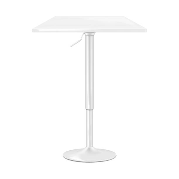 istock Adjustable height single metal leg cocktail table with white square countertop. Realistic 3d vector mockup. High pedestal chrome gas lift base rectangle counter bar table. Mock-up. Template for design 2202129981