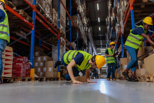 istock Warehouse worker falling after slipping on warehouse floor 2202146233