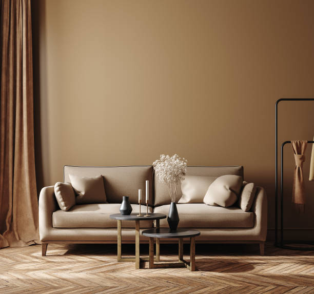 istock Modern home interior with brown sofa and dry plant in vase 2202147037