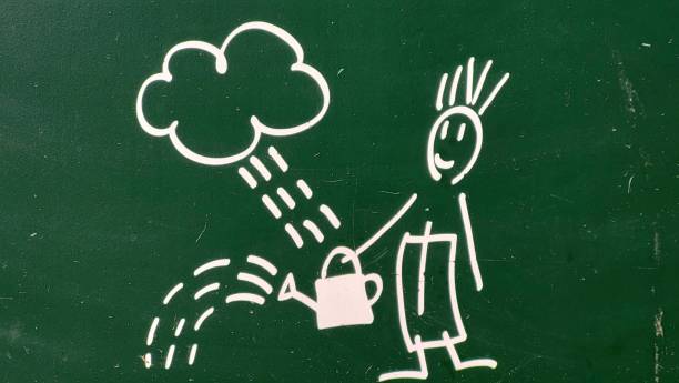 A man is watering a plant with a watering can. The image is drawn on a green chalkboard