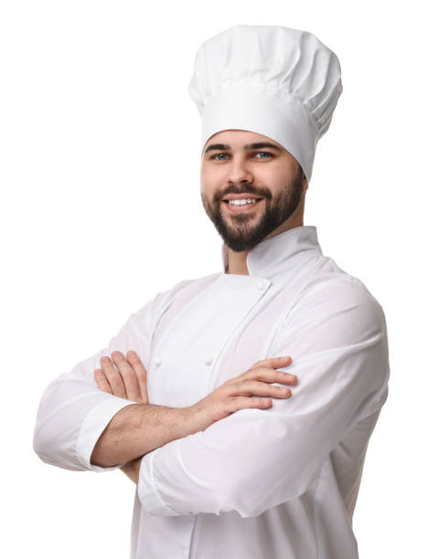 istock Happy young chef in uniform on white background 2202160876