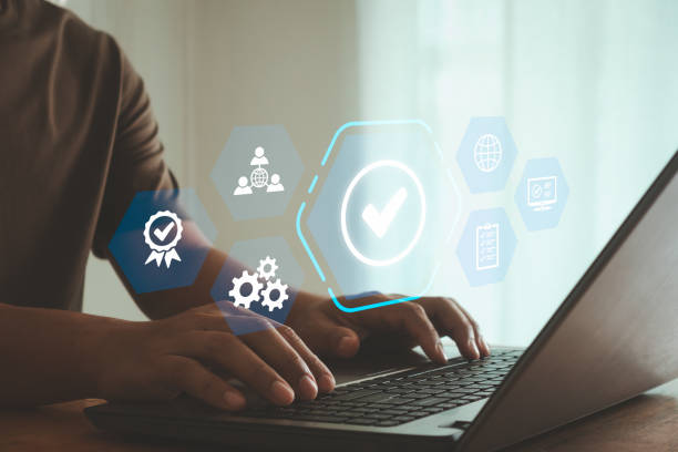 istock Quality control management or QC and validation process. Quality assurance or QA and improvement, standardization, and certification concepts. Compliance with law regulations and ISO standards. 2202165544