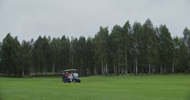 istock Panoramic view of the golf course with the golf car driving through it 2202166477