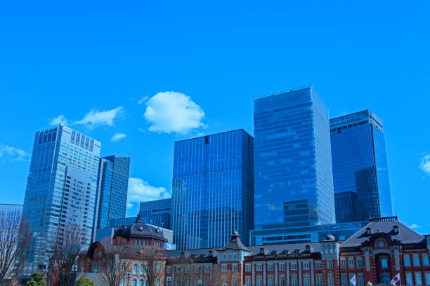 Skyscrapers of the Marunouchi District of downtown Tokyo as seen through the Kokyo Gai Park in Japan, Asia