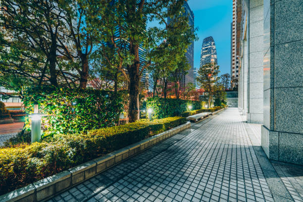 Modern urban walkway surrounded by skyscrapers and lush vegetation in tokyo, japan, during the blue hour