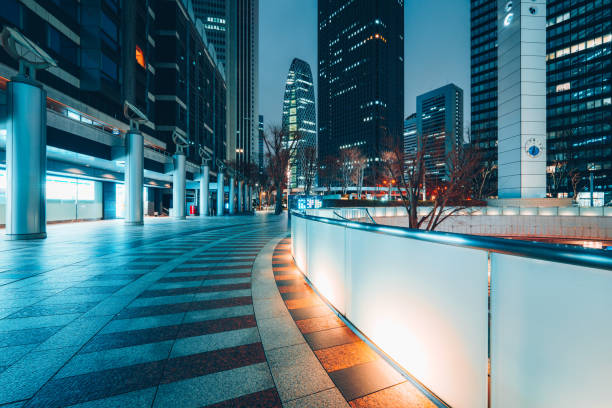Empty footpath in office park, Shinjuku, Tokyo