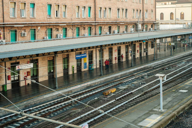 Platform Railway Station in the city of Reggio Emilia. Oil paint on canvas. Picture with photo, imitation of painting. Rendering