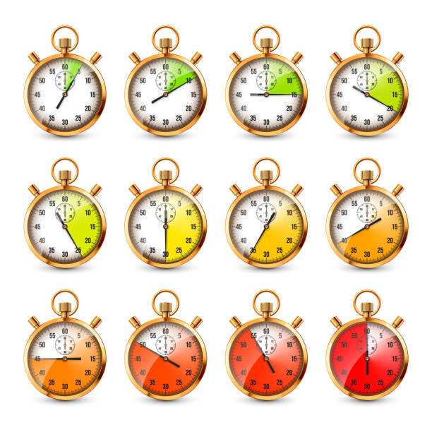 istock Realistic classic stopwatch. Shiny golden metal chronometer, time counter with dial. Colorful countdown timer showing minutes, seconds. Time measurement for sport, start, finish. Vector illustration 2202184732