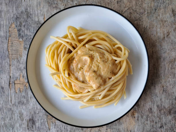 Yummy Spaghetti Carbonara On A Plate. Pasta Food Menu. Top View.